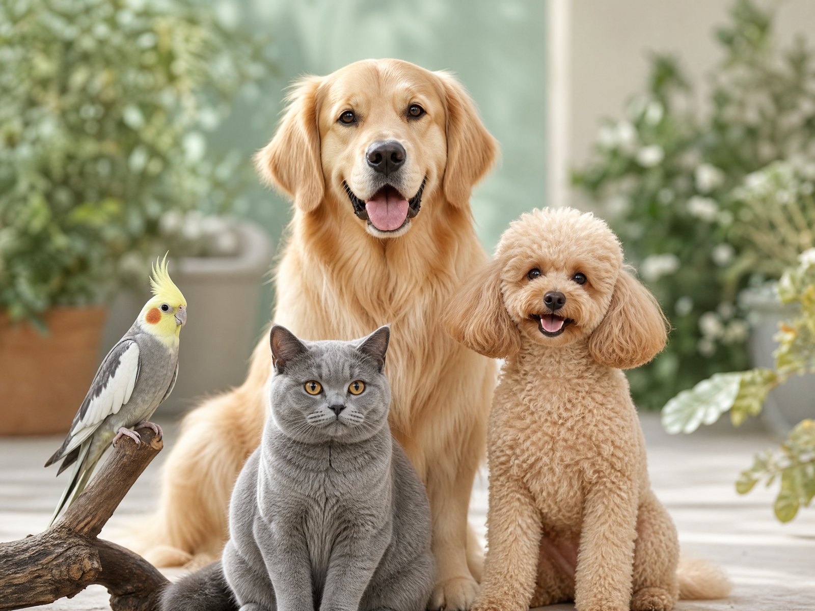 A calm group portrait of a dog, cat and companion bird
